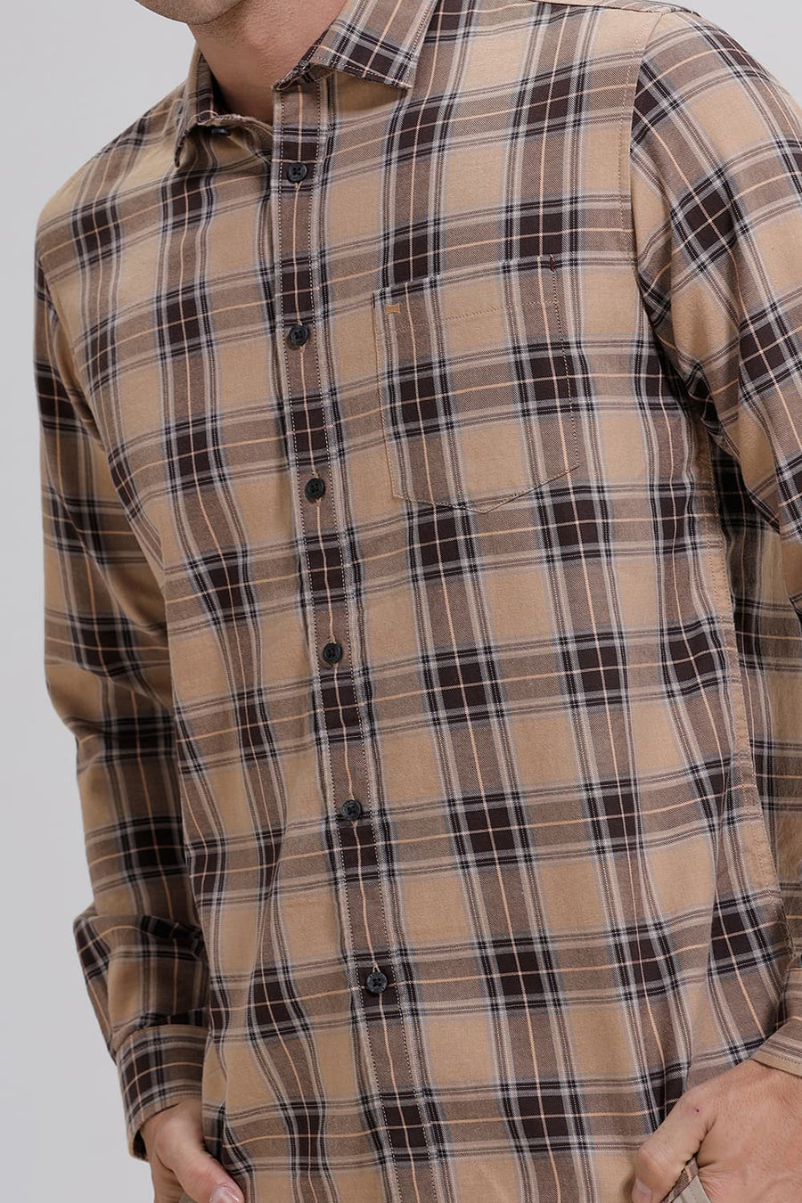 BASICS SLIM FIT KHAKI CHESTNUT COTTON MELANGE CHECKS SHIRT