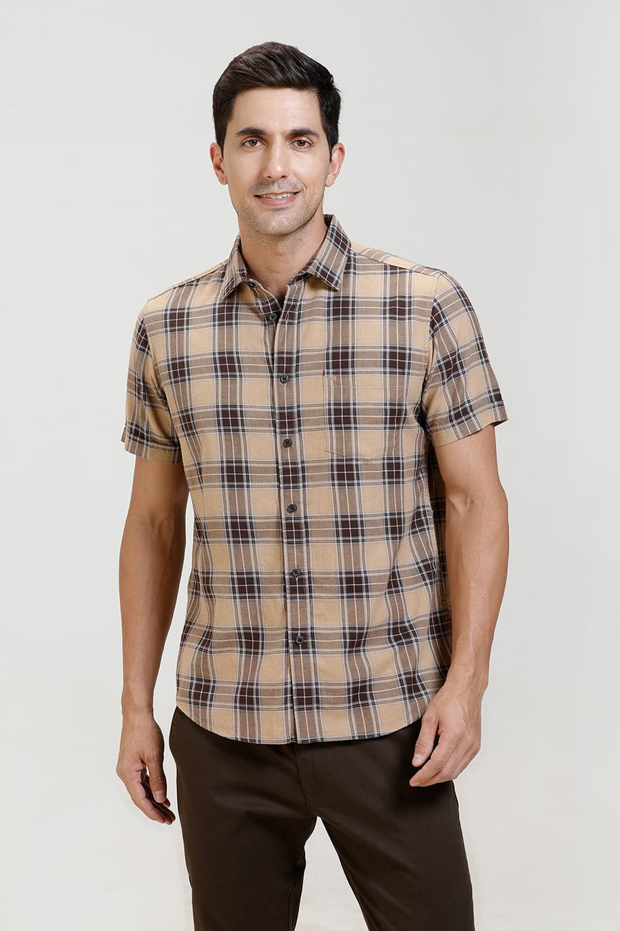 BASICS SLIM FIT KHAKI CHESTNUT COTTON MELANGE CHECKS HALFSLEEVES SHIRT