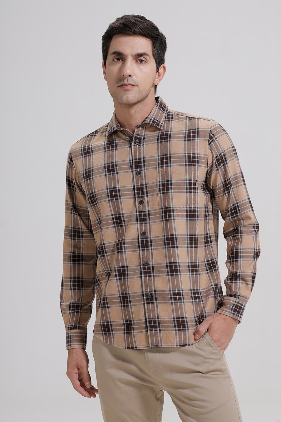 BASICS SLIM FIT KHAKI CHESTNUT COTTON MELANGE CHECKS SHIRT