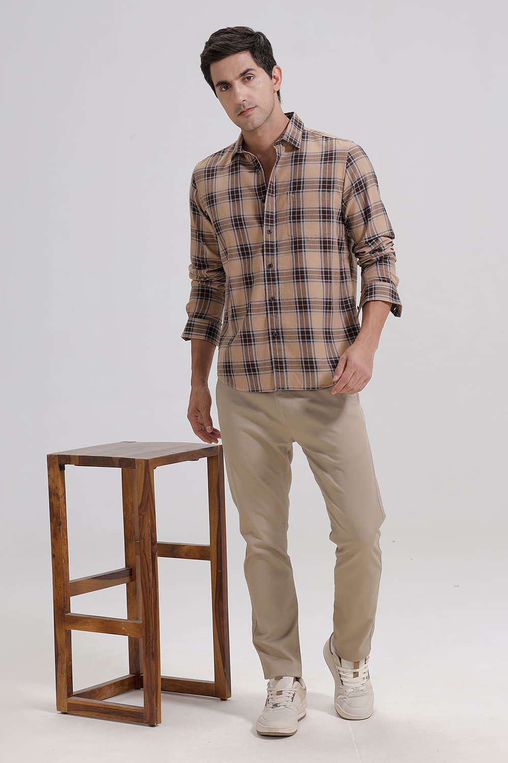 SLIM FIT COTTON MELANGE CHECKS SHIRT