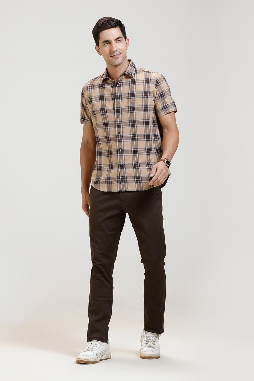SLIM FIT COTTON MELANGE CHECKS HALFSLEEVES SHIRT