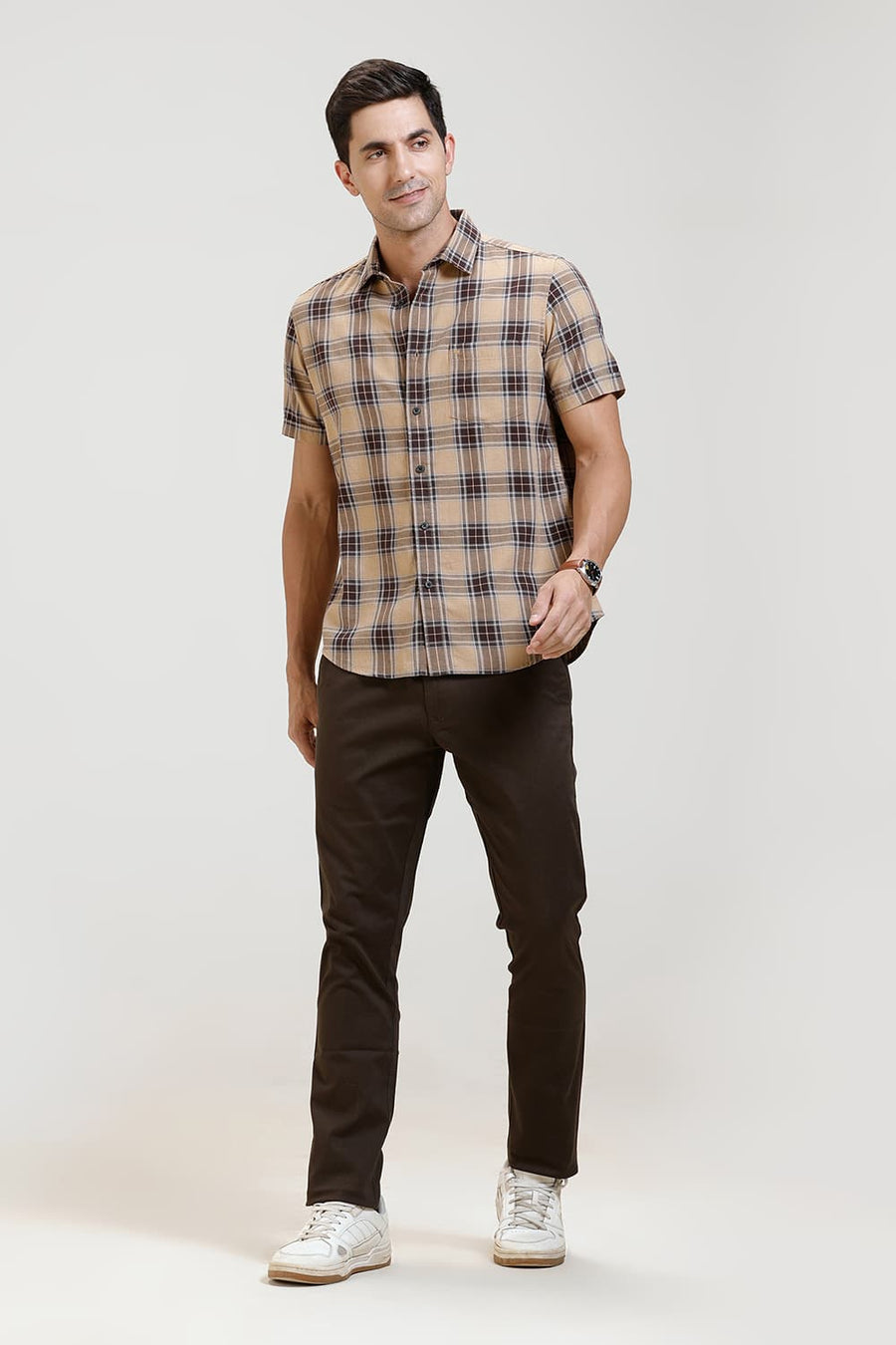 BASICS SLIM FIT KHAKI CHESTNUT COTTON MELANGE CHECKS HALFSLEEVES SHIRT