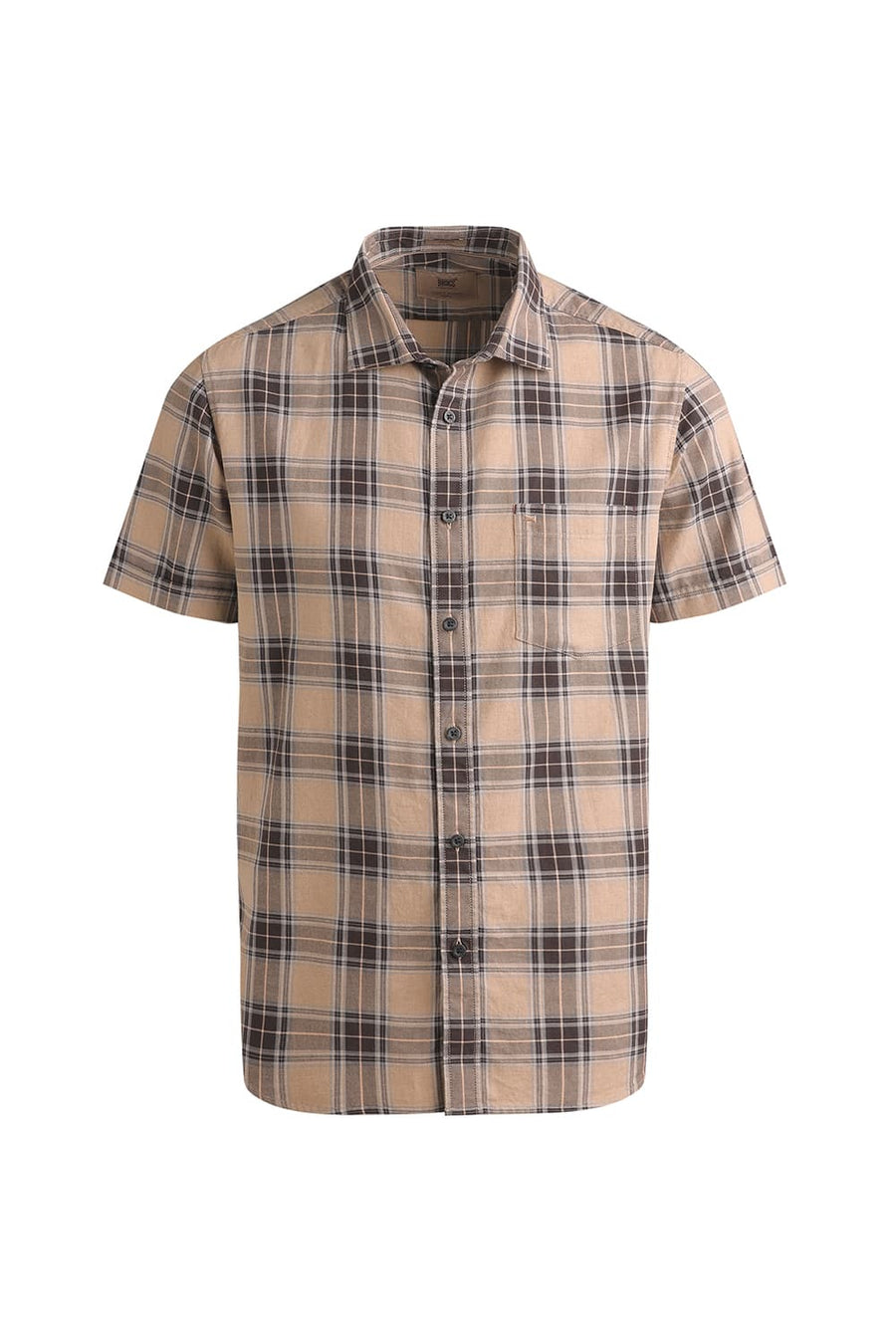 BASICS SLIM FIT KHAKI CHESTNUT COTTON MELANGE CHECKS HALFSLEEVES SHIRT
