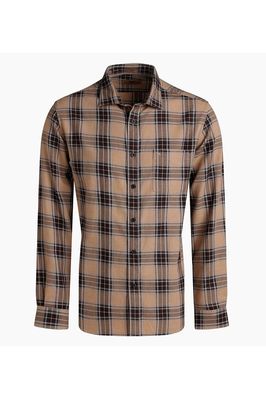 BASICS SLIM FIT KHAKI CHESTNUT COTTON MELANGE CHECKS SHIRT