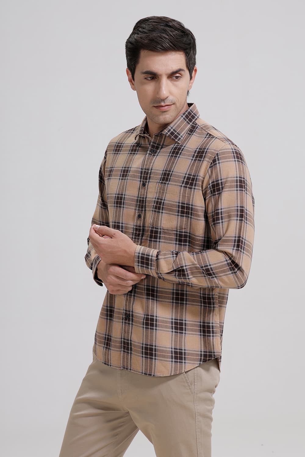 SLIM FIT COTTON MELANGE CHECKS SHIRT