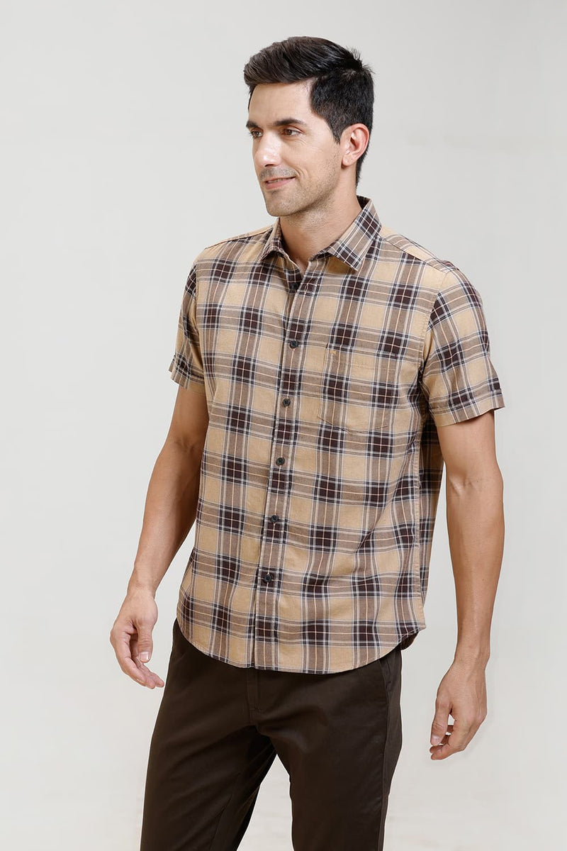 SLIM FIT COTTON MELANGE CHECKS HALFSLEEVES SHIRT