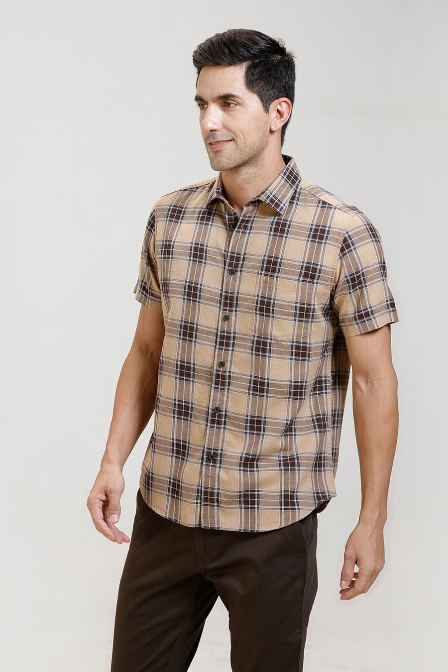 BASICS SLIM FIT KHAKI CHESTNUT COTTON MELANGE CHECKS HALFSLEEVES SHIRT