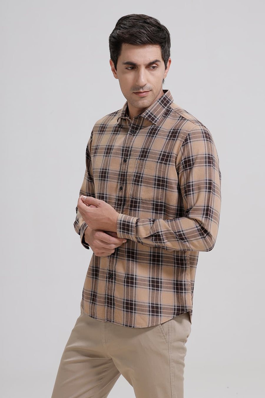 BASICS SLIM FIT KHAKI CHESTNUT COTTON MELANGE CHECKS SHIRT