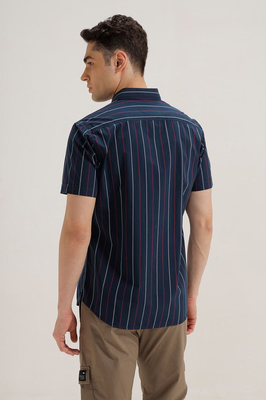 BASICS SLIM FIT MAJOLICA NAVY COTTON STRIPE HALFSLEEVES SHIRT