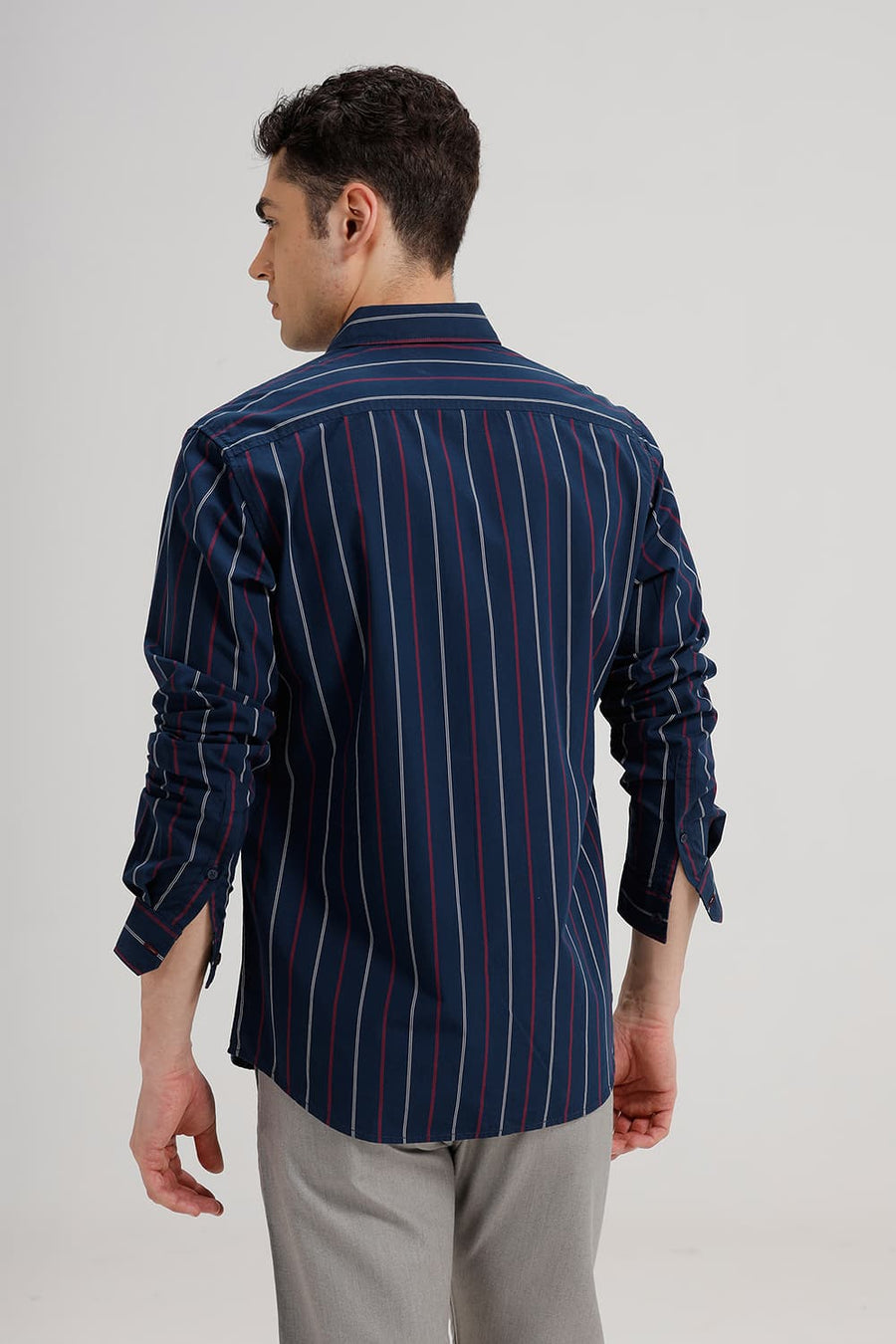 BASICS SLIM FIT MAJOLICA NAVY COTTON STRIPE SHIRT