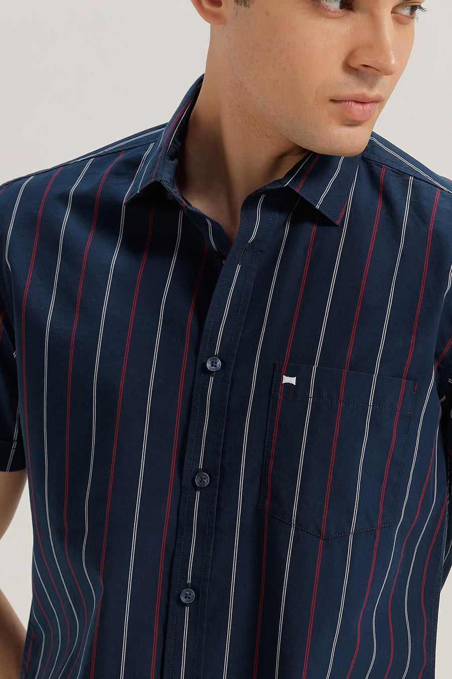 BASICS SLIM FIT MAJOLICA NAVY COTTON STRIPE HALFSLEEVES SHIRT