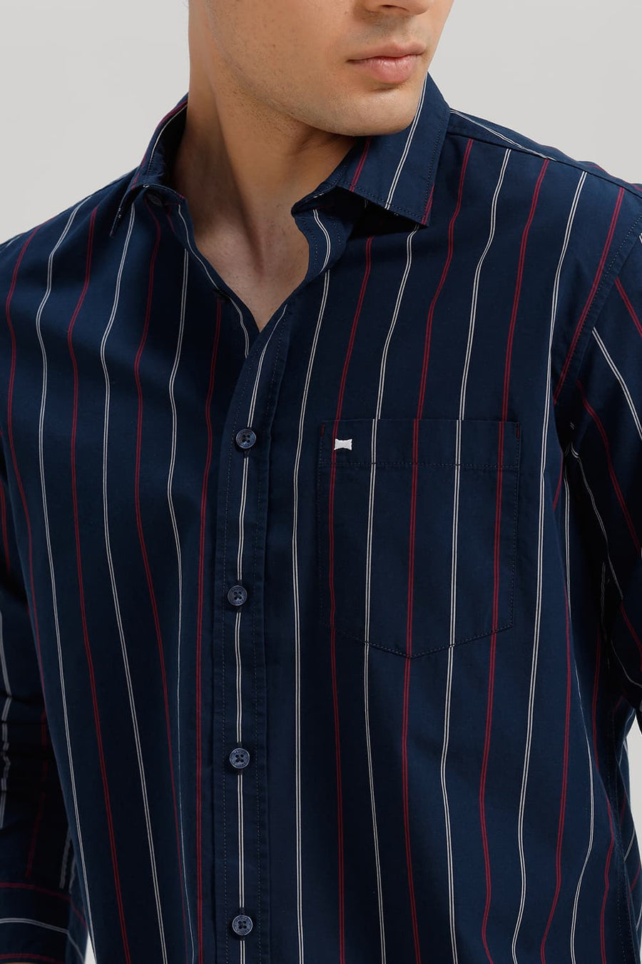 BASICS SLIM FIT MAJOLICA NAVY COTTON STRIPE SHIRT