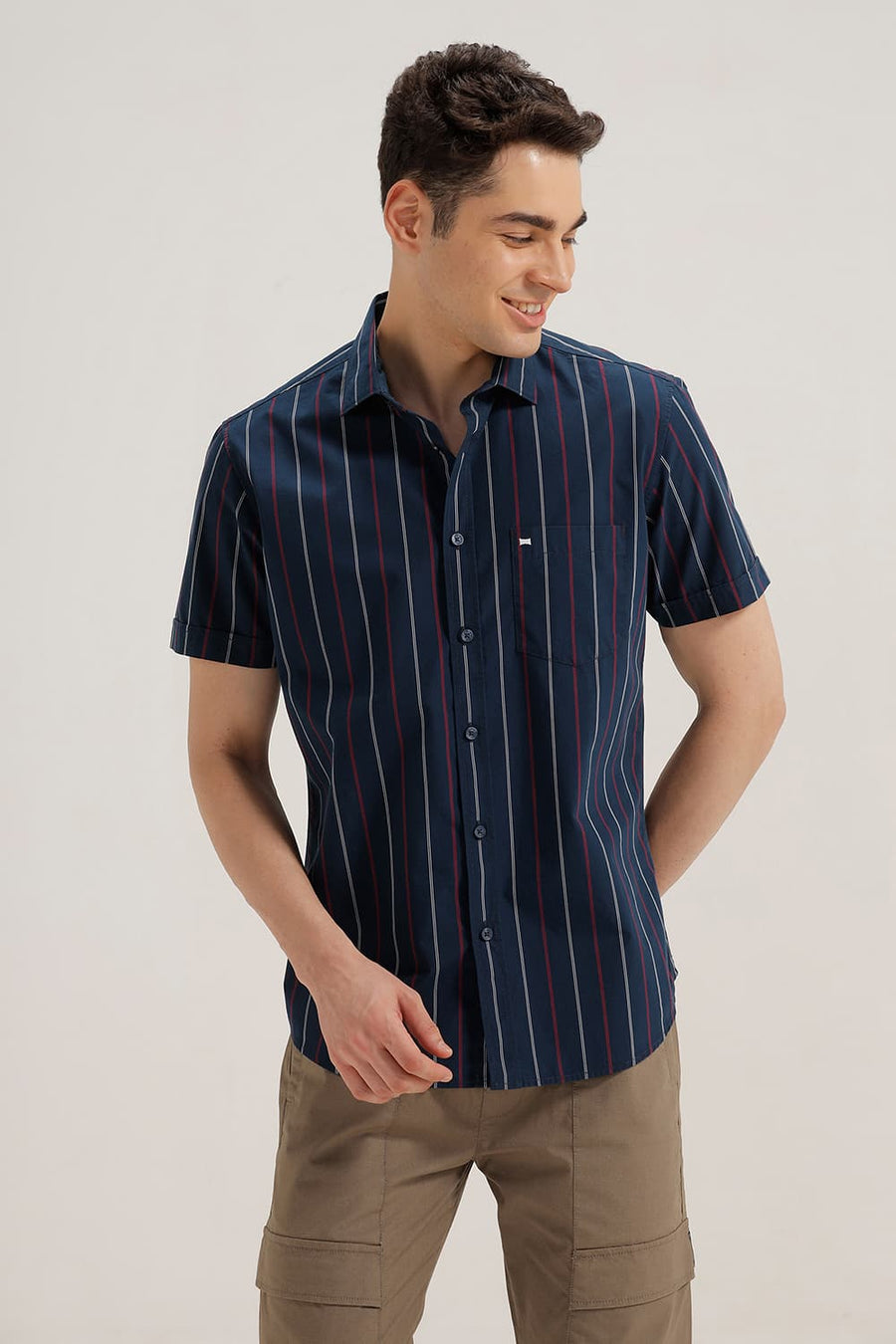 BASICS SLIM FIT MAJOLICA NAVY COTTON STRIPE HALFSLEEVES SHIRT