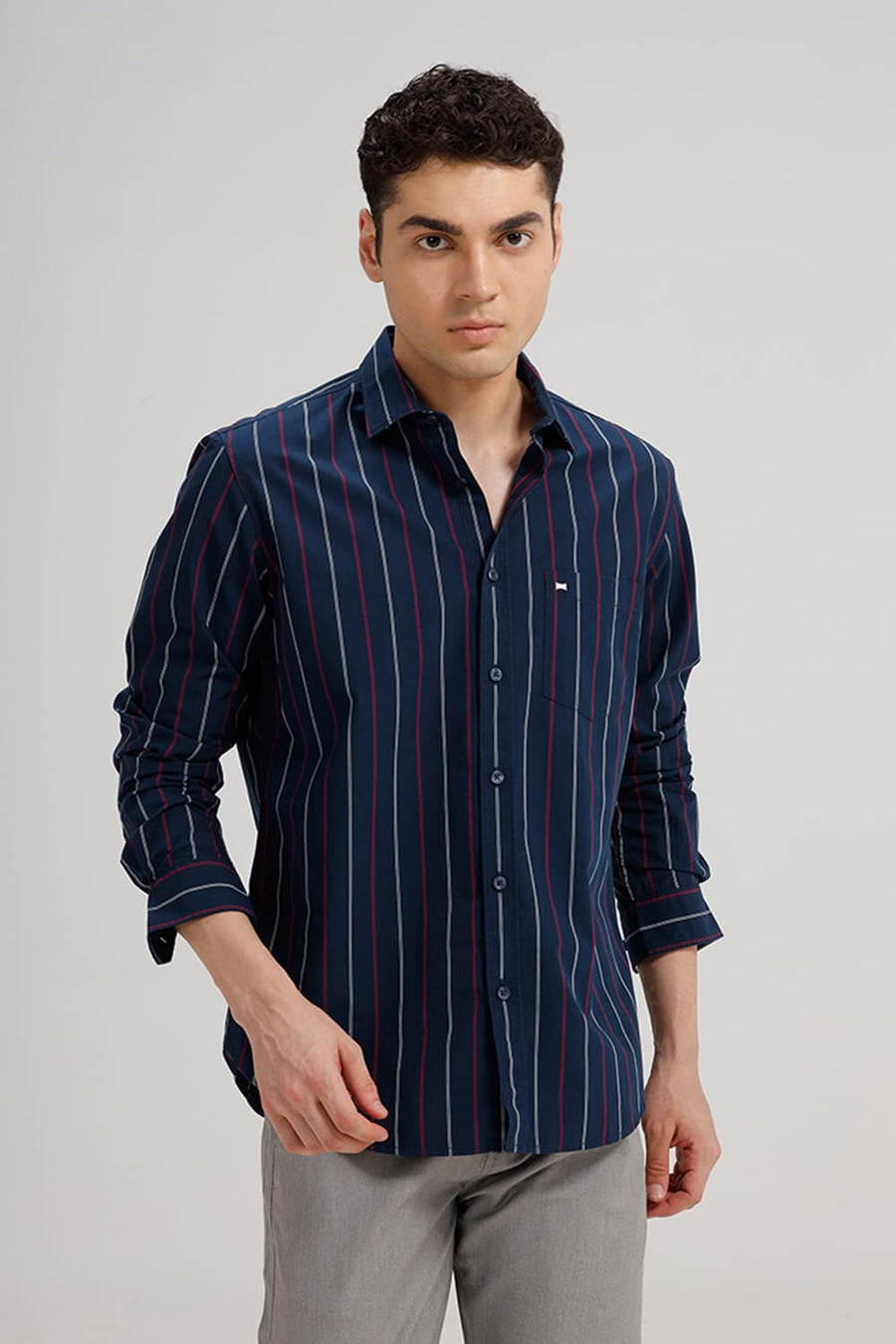 BASICS SLIM FIT MAJOLICA NAVY COTTON STRIPE SHIRT