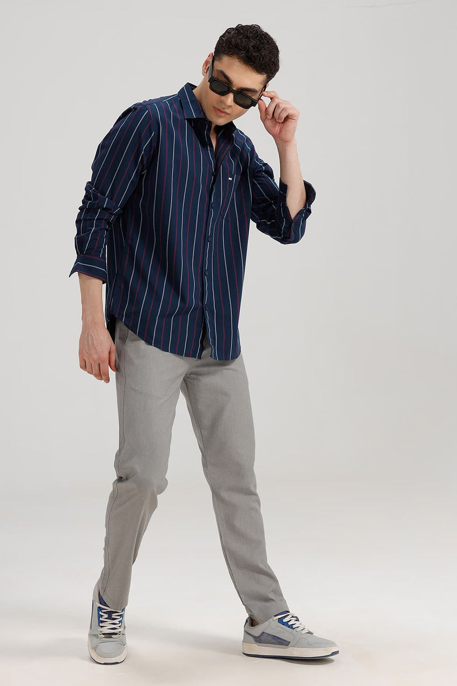 BASICS SLIM FIT MAJOLICA NAVY COTTON STRIPE SHIRT