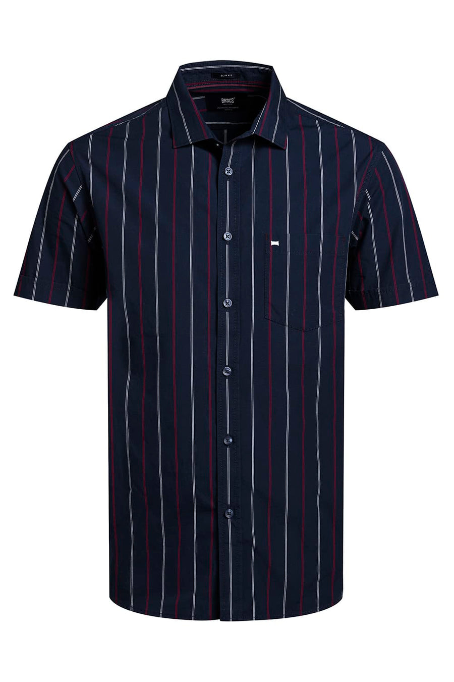 BASICS SLIM FIT MAJOLICA NAVY COTTON STRIPE HALFSLEEVES SHIRT
