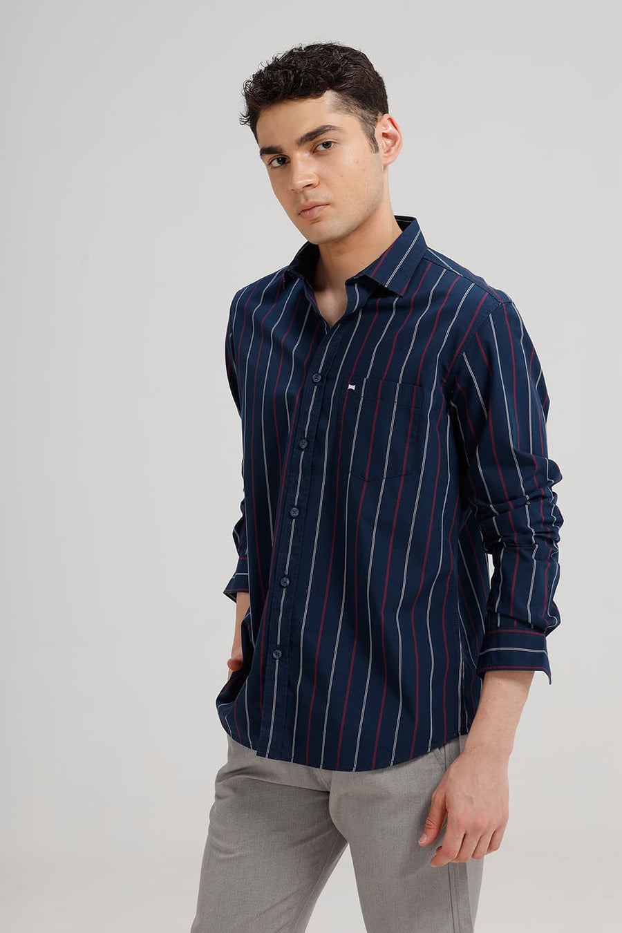 BASICS SLIM FIT MAJOLICA NAVY COTTON STRIPE SHIRT