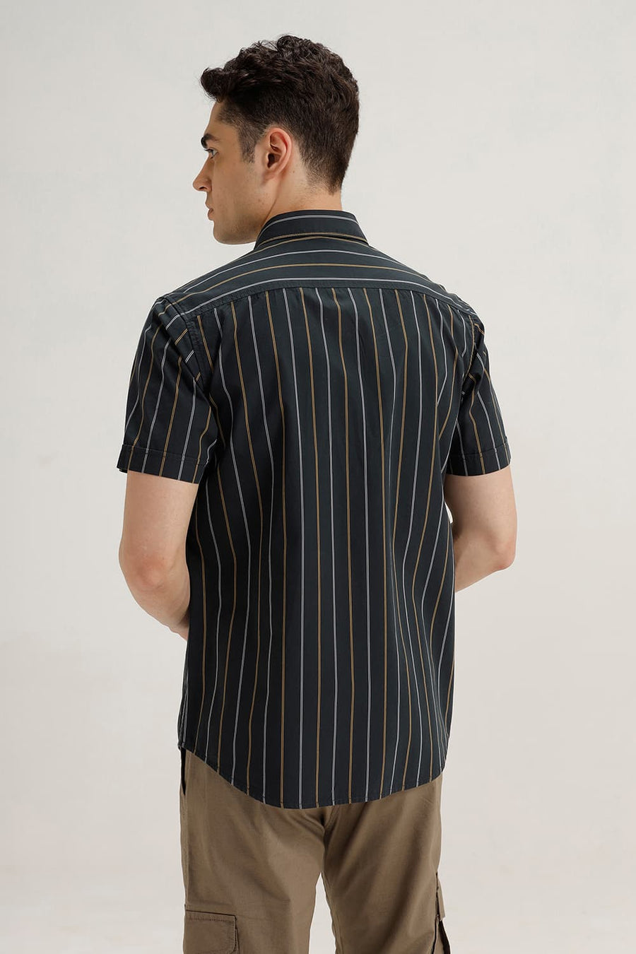 BASICS SLIM FIT GREY SAUD COTTON STRIPE HALFSLEEVES SHIRT