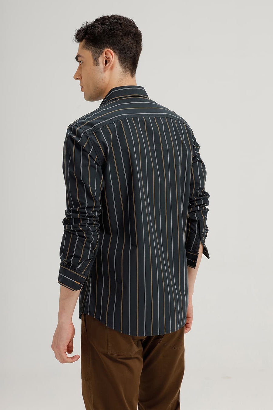 BASICS SLIM FIT GREY SAUD COTTON STRIPE SHIRT