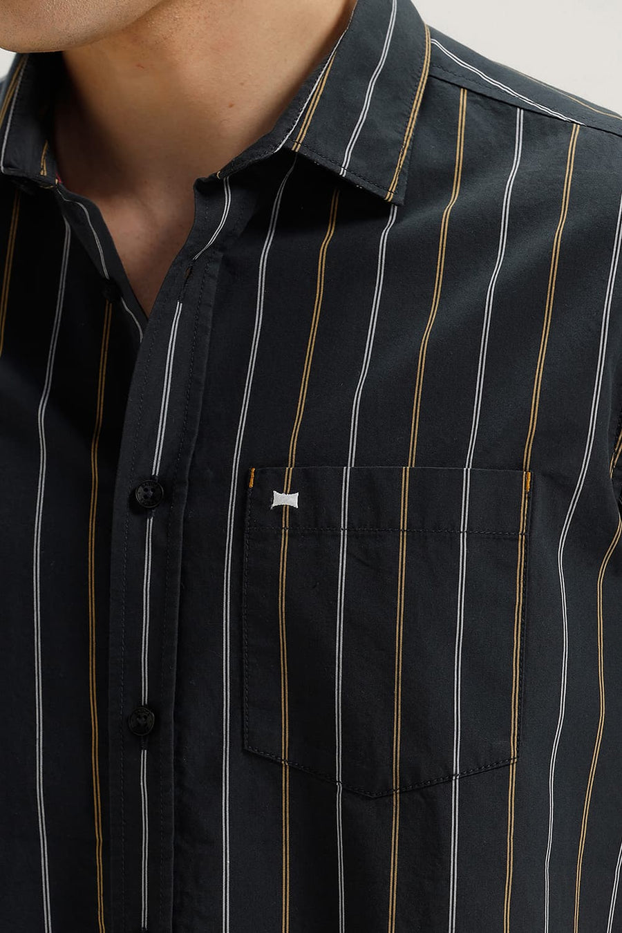 BASICS SLIM FIT GREY SAUD COTTON STRIPE HALFSLEEVES SHIRT