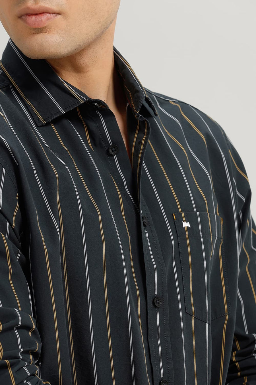 BASICS SLIM FIT GREY SAUD COTTON STRIPE SHIRT