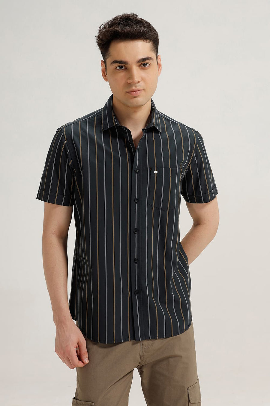 BASICS SLIM FIT GREY SAUD COTTON STRIPE HALFSLEEVES SHIRT