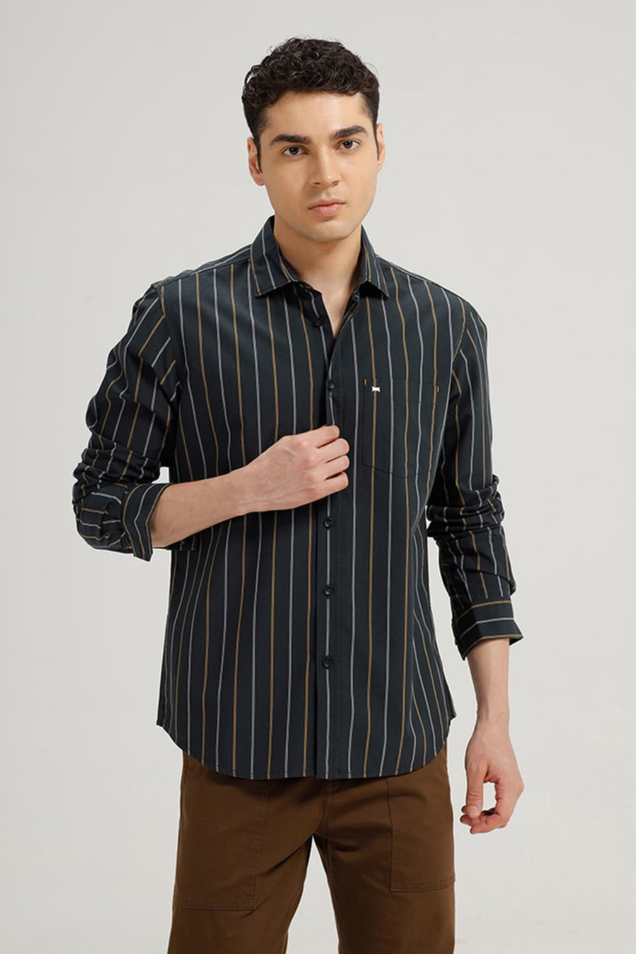 BASICS SLIM FIT GREY SAUD COTTON STRIPE SHIRT