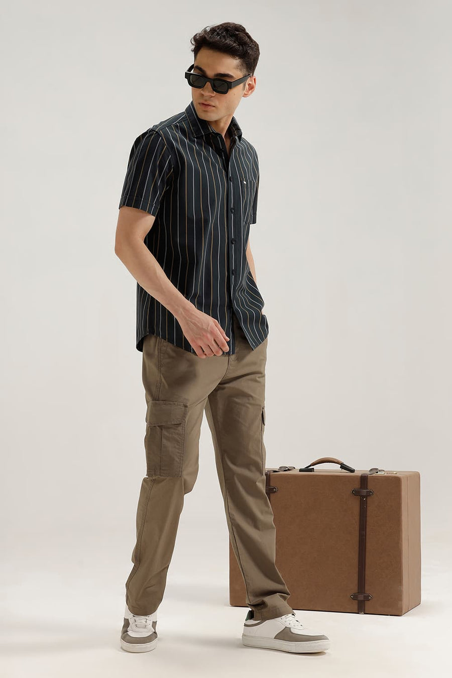 BASICS SLIM FIT GREY SAUD COTTON STRIPE HALFSLEEVES SHIRT