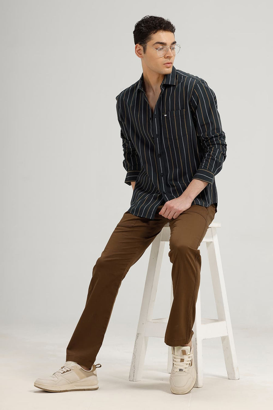 BASICS SLIM FIT GREY SAUD COTTON STRIPE SHIRT