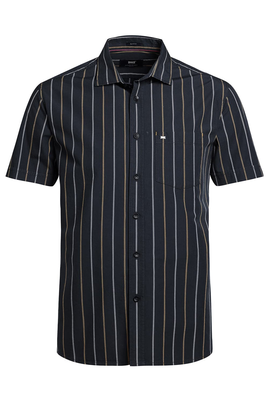 BASICS SLIM FIT GREY SAUD COTTON STRIPE HALFSLEEVES SHIRT