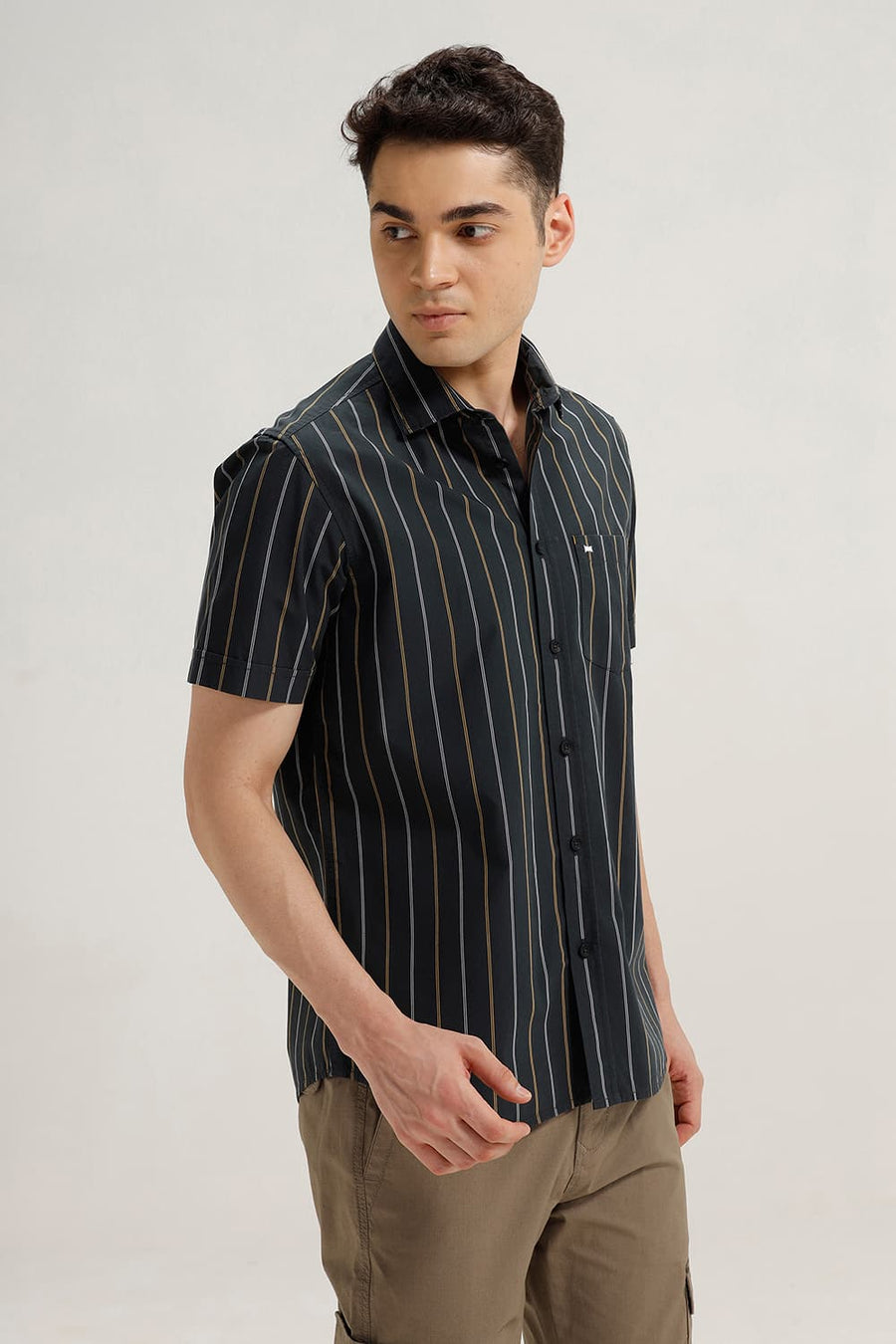 BASICS SLIM FIT GREY SAUD COTTON STRIPE HALFSLEEVES SHIRT