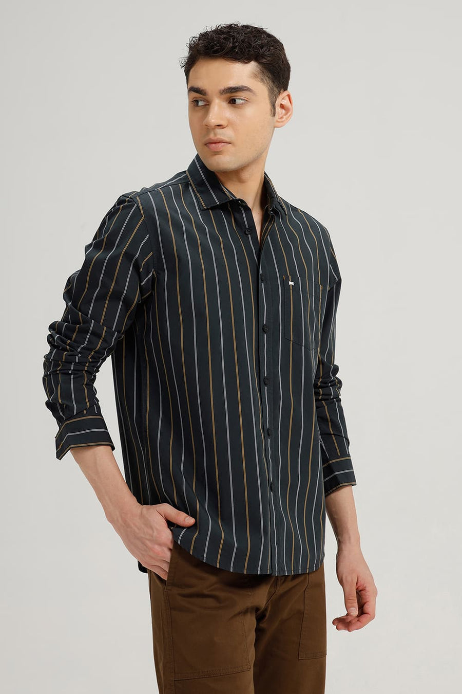 BASICS SLIM FIT GREY SAUD COTTON STRIPE SHIRT