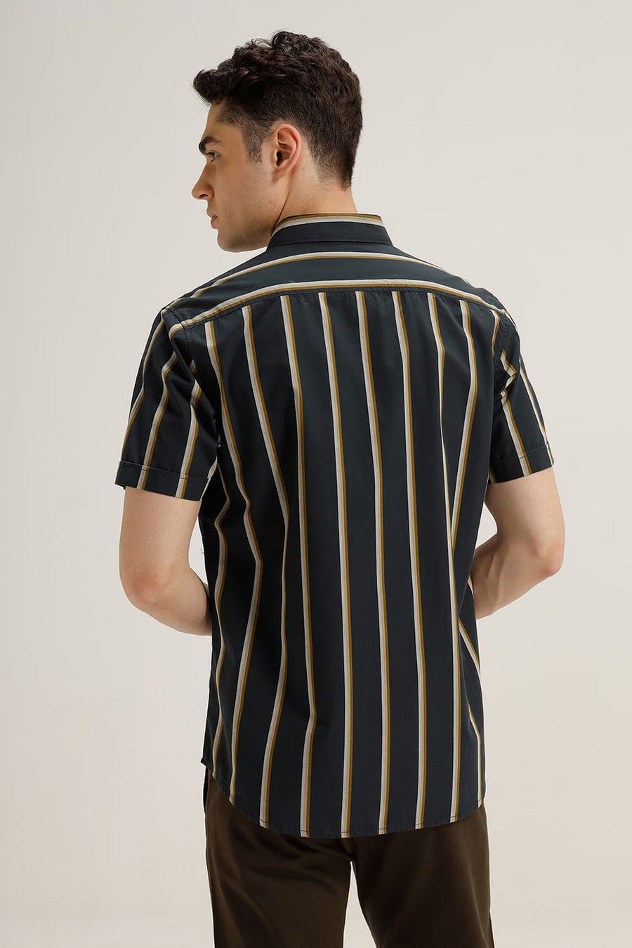 BASICS SLIM FIT JET GREY COTTON STRIPE HALFSLEEVES SHIRT