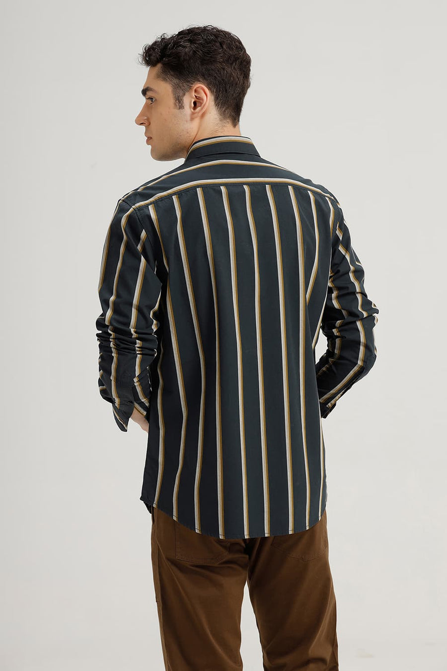 BASICS SLIM FIT JET GREY COTTON STRIPE SHIRT