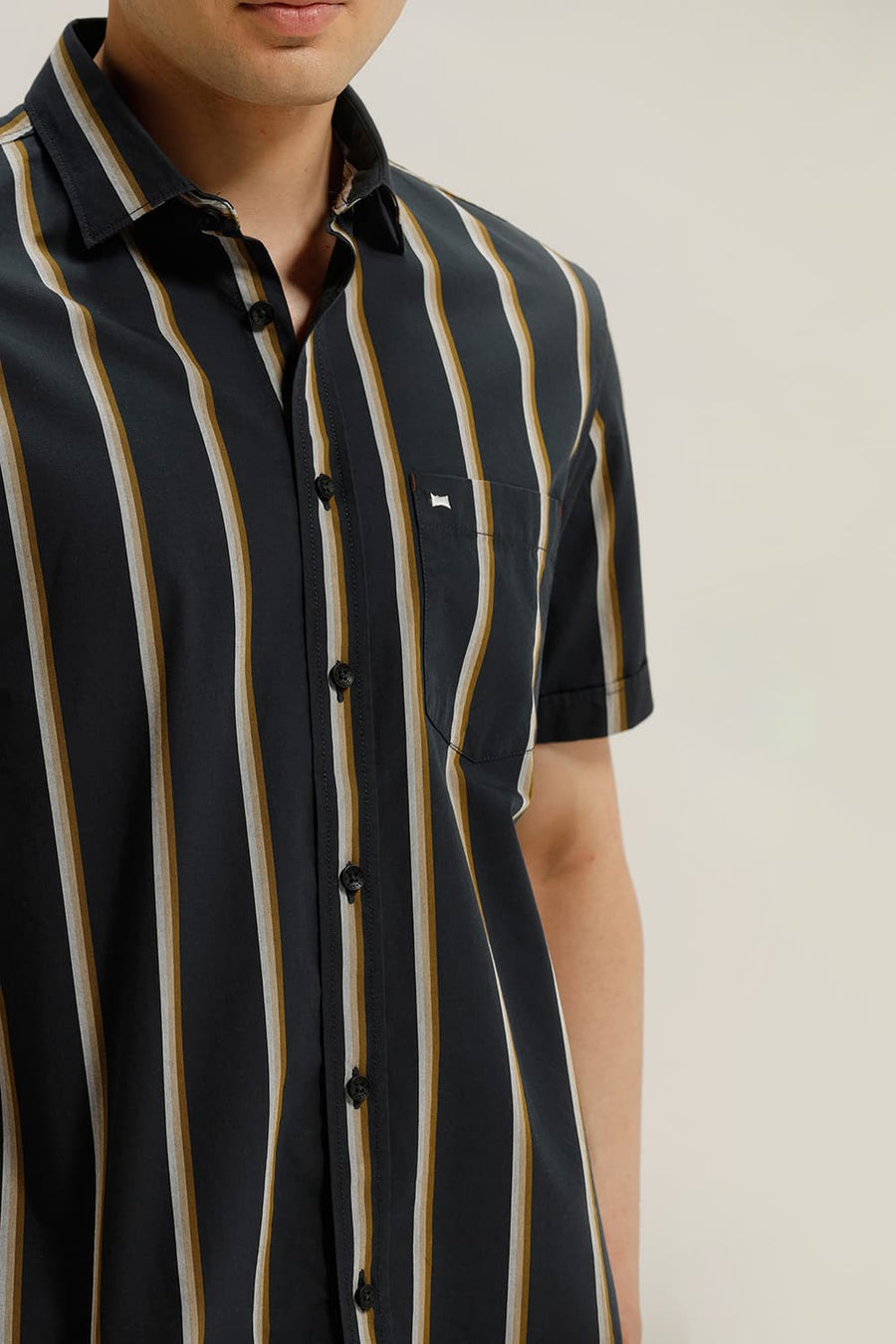 BASICS SLIM FIT JET GREY COTTON STRIPE HALFSLEEVES SHIRT