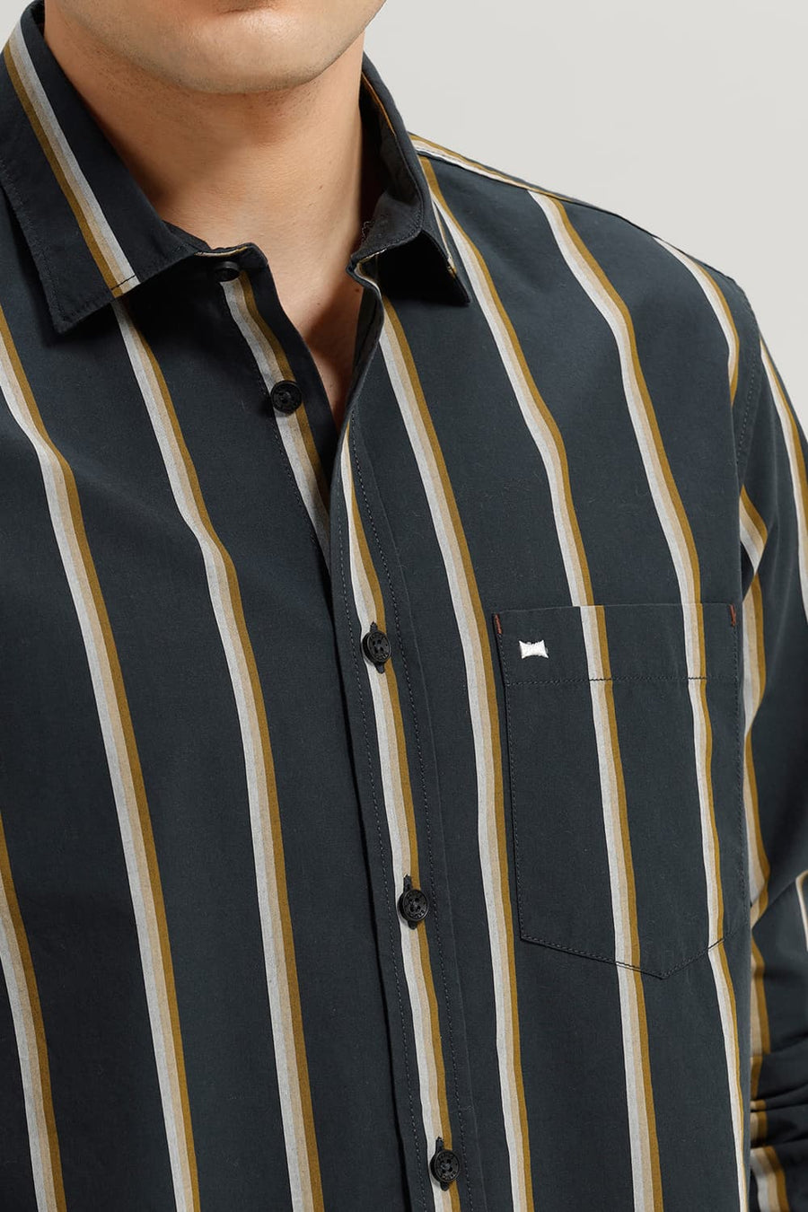 BASICS SLIM FIT JET GREY COTTON STRIPE SHIRT