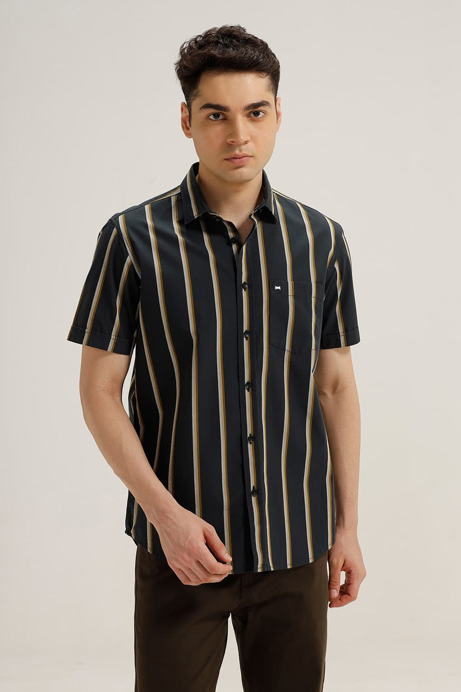 BASICS SLIM FIT JET GREY COTTON STRIPE HALFSLEEVES SHIRT