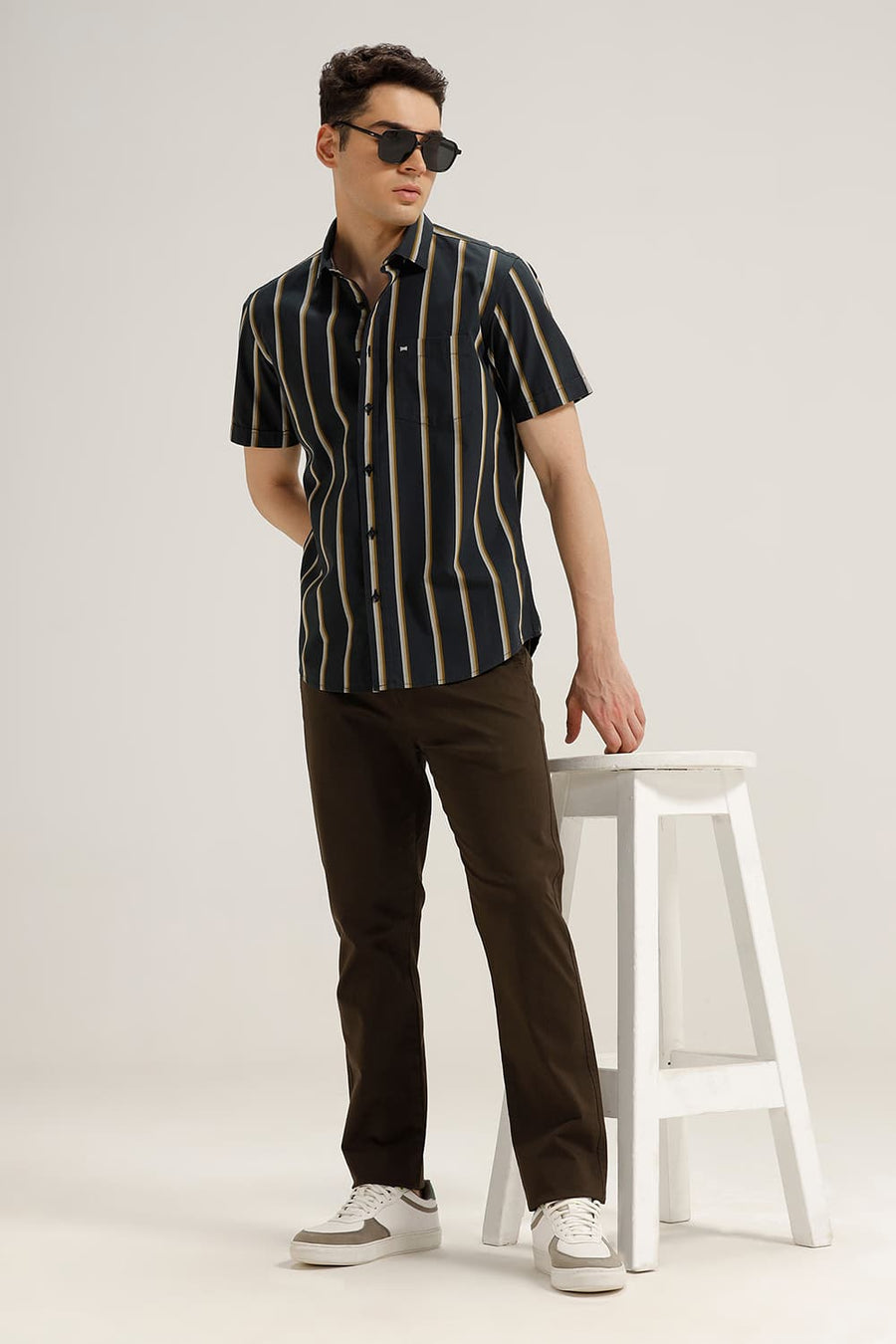 BASICS SLIM FIT JET GREY COTTON STRIPE HALFSLEEVES SHIRT