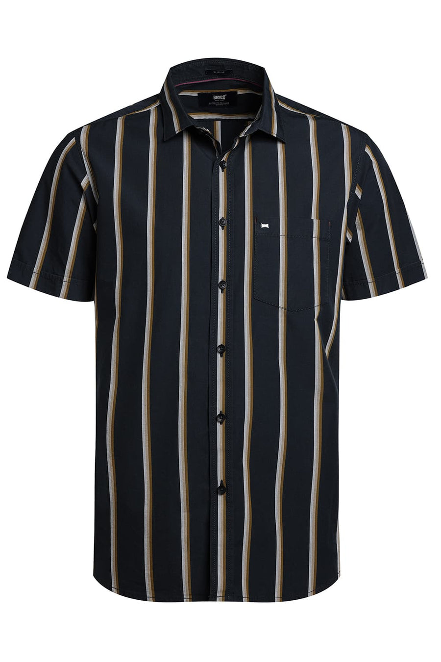 BASICS SLIM FIT JET GREY COTTON STRIPE HALFSLEEVES SHIRT