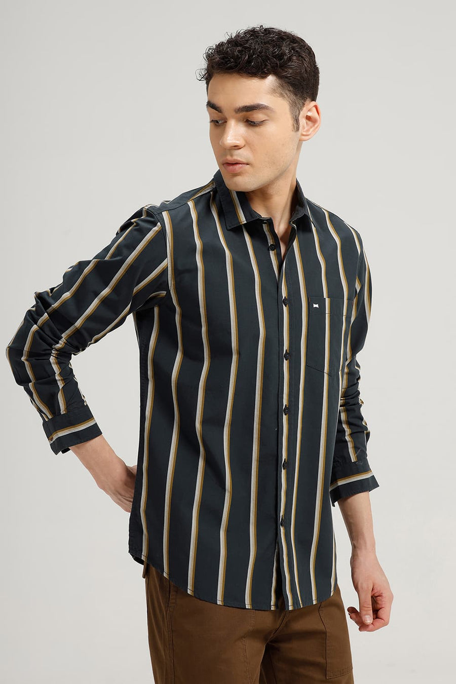 BASICS SLIM FIT JET GREY COTTON STRIPE SHIRT
