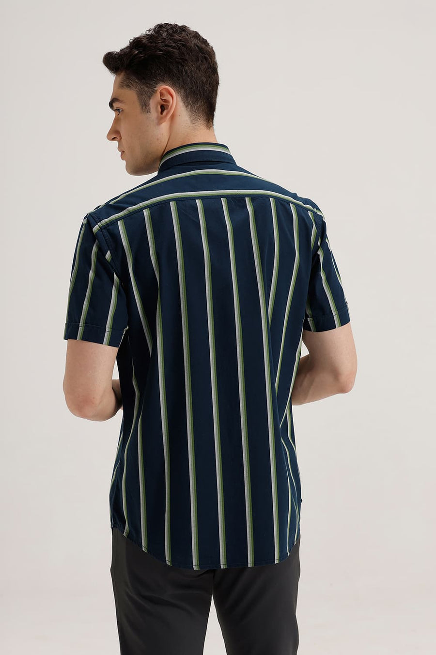 BASICS SLIM FIT MOONLIT NAVY COTTON STRIPE HALFSLEEVES SHIRT