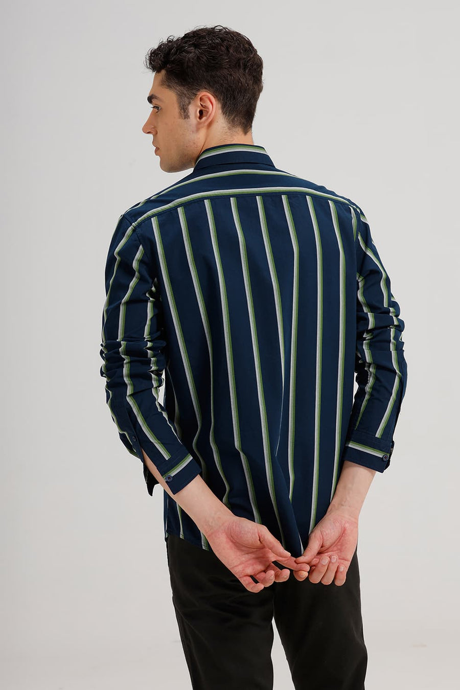 BASICS SLIM FIT MOONLIT NAVY COTTON STRIPE SHIRT