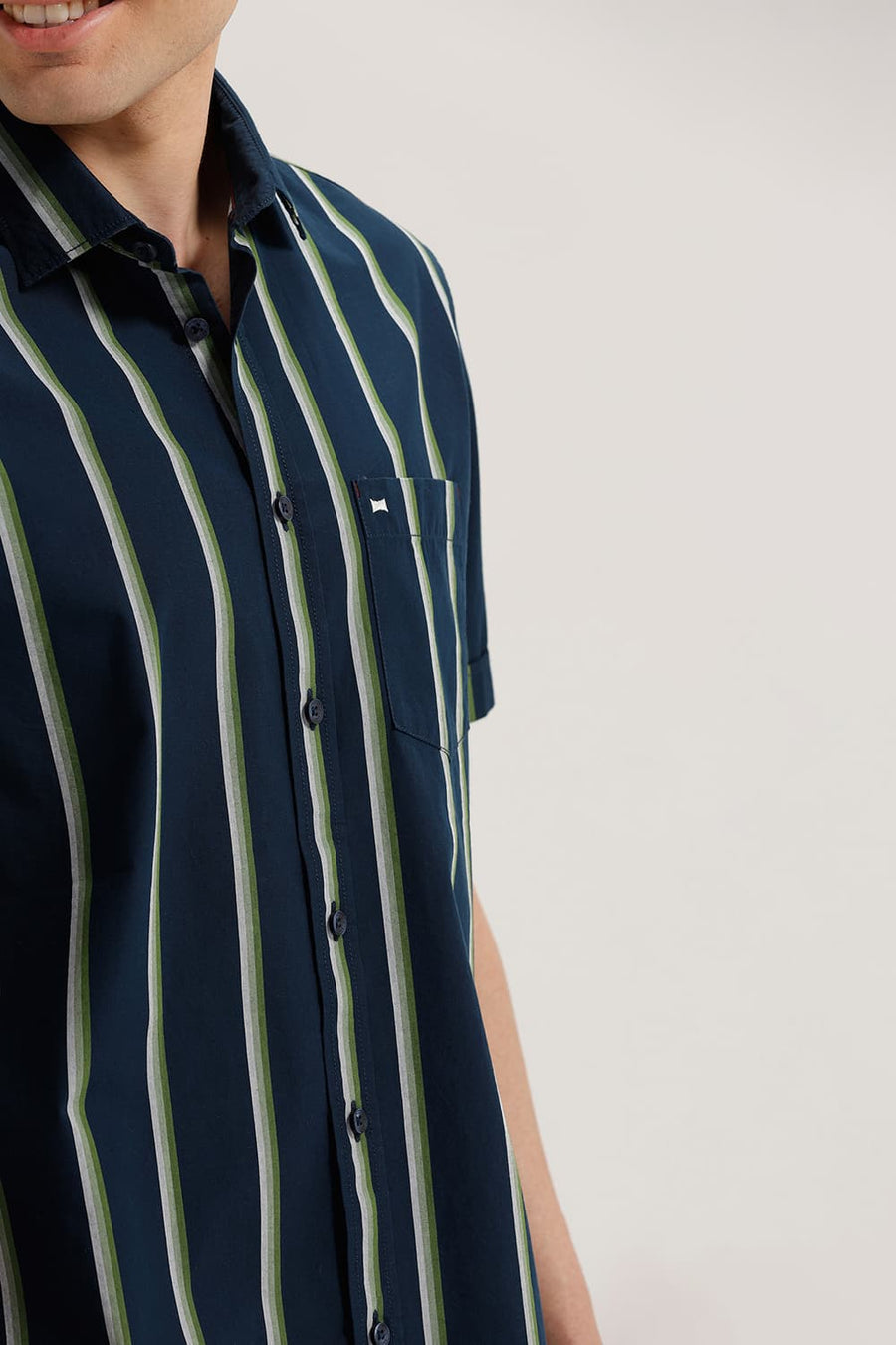 BASICS SLIM FIT MOONLIT NAVY COTTON STRIPE HALFSLEEVES SHIRT