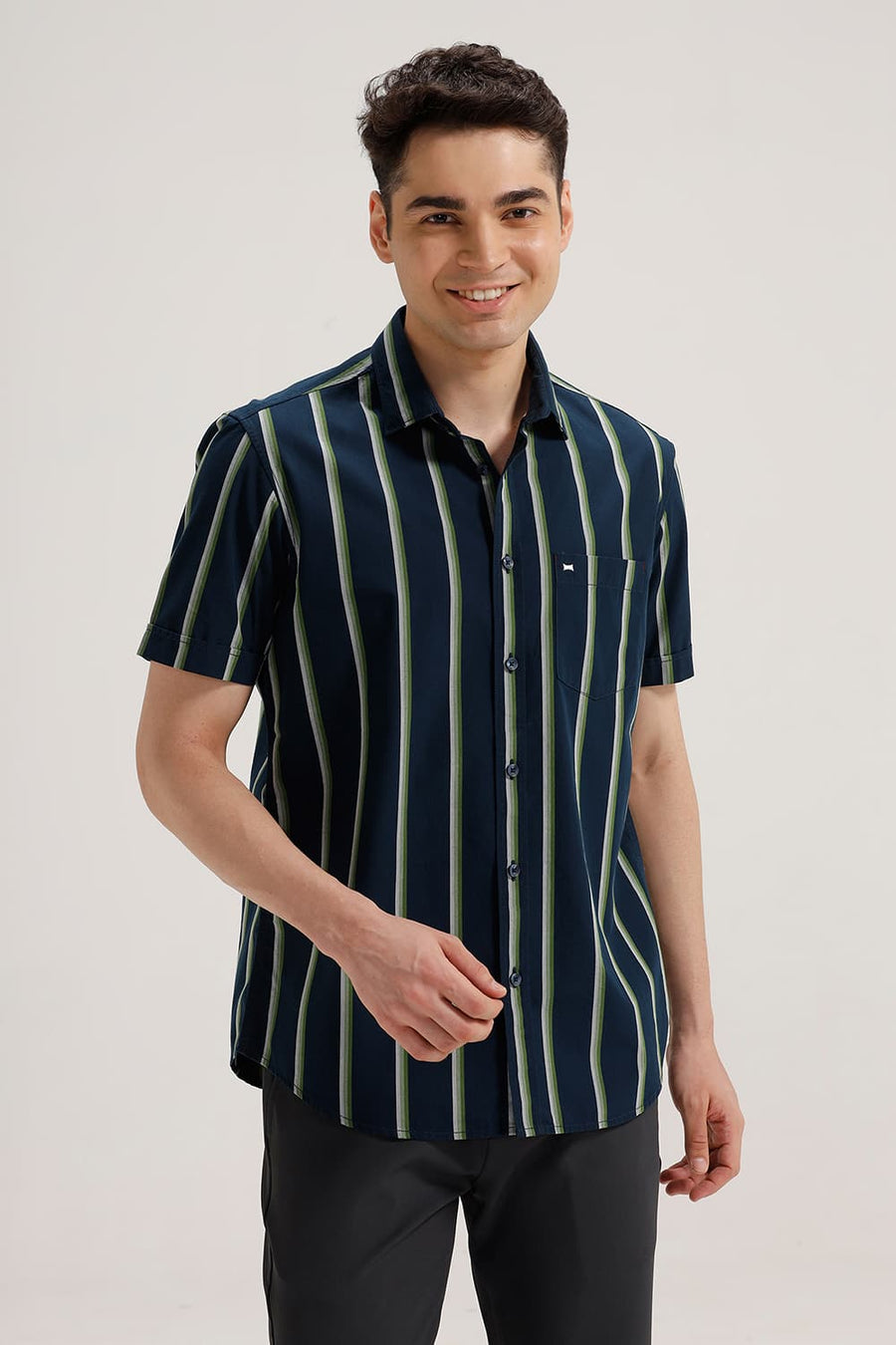 BASICS SLIM FIT MOONLIT NAVY COTTON STRIPE HALFSLEEVES SHIRT