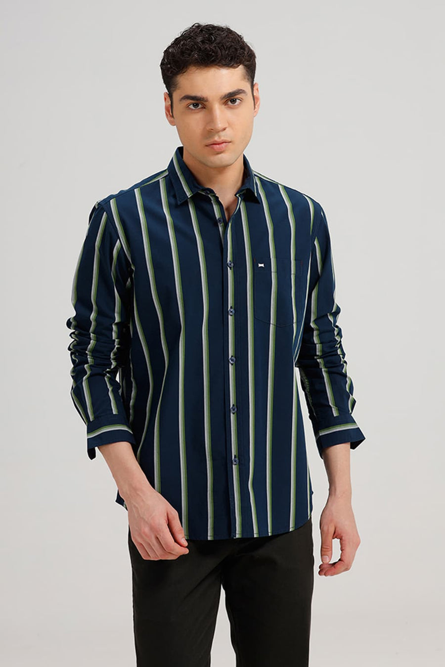 BASICS SLIM FIT MOONLIT NAVY COTTON STRIPE SHIRT