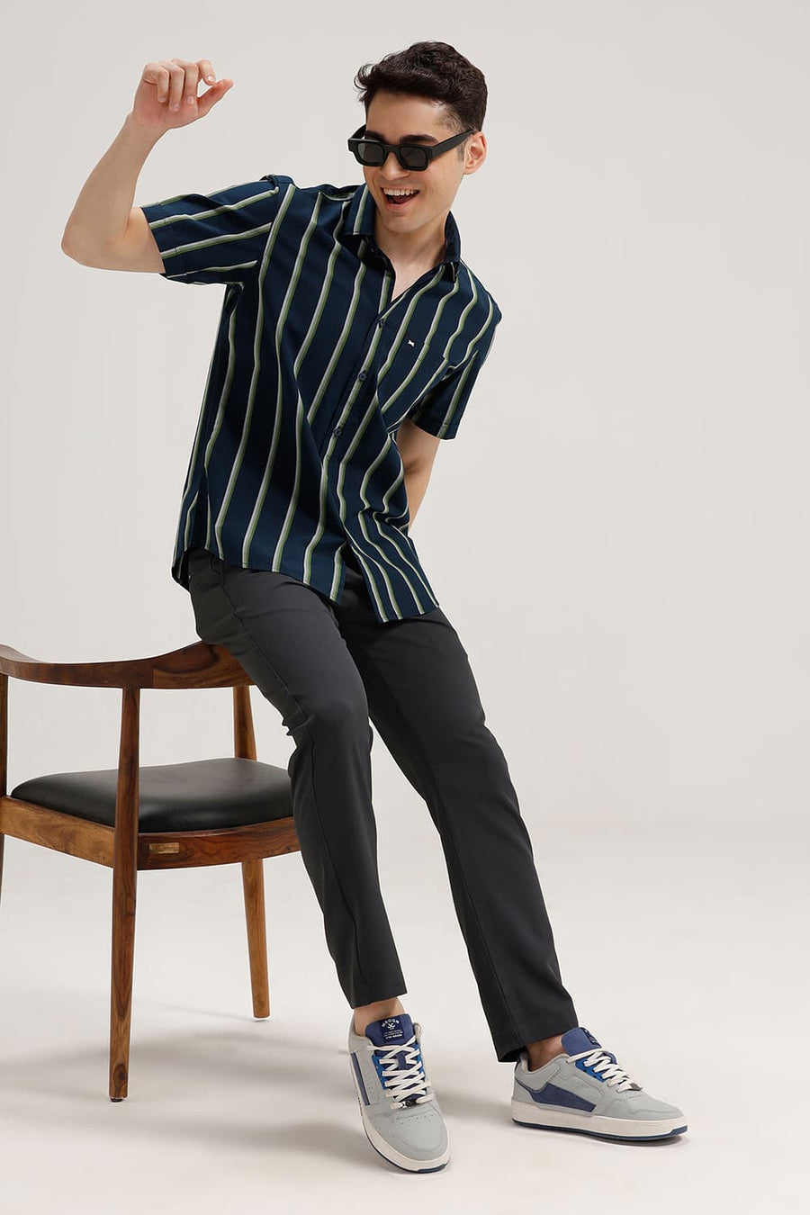 BASICS SLIM FIT MOONLIT NAVY COTTON STRIPE HALFSLEEVES SHIRT