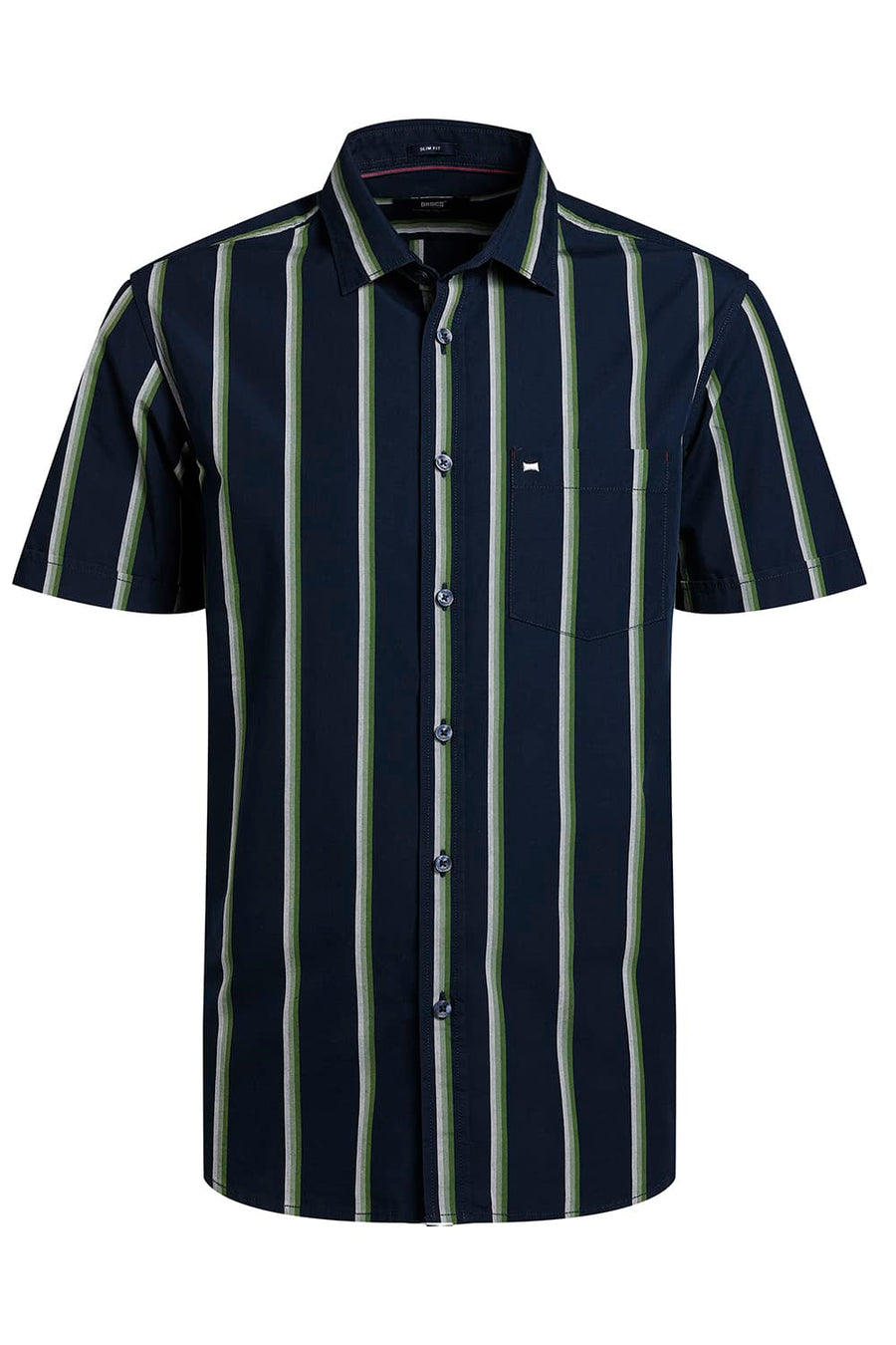 BASICS SLIM FIT MOONLIT NAVY COTTON STRIPE HALFSLEEVES SHIRT