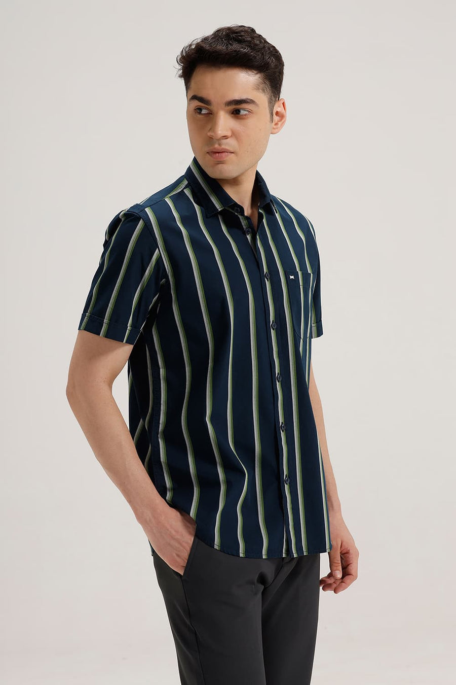 BASICS SLIM FIT MOONLIT NAVY COTTON STRIPE HALFSLEEVES SHIRT
