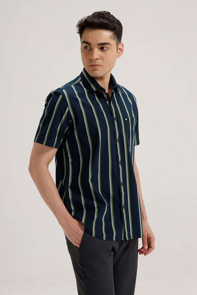 SLIM FIT COTTON STRIPE HALFSLEEVES SHIRT