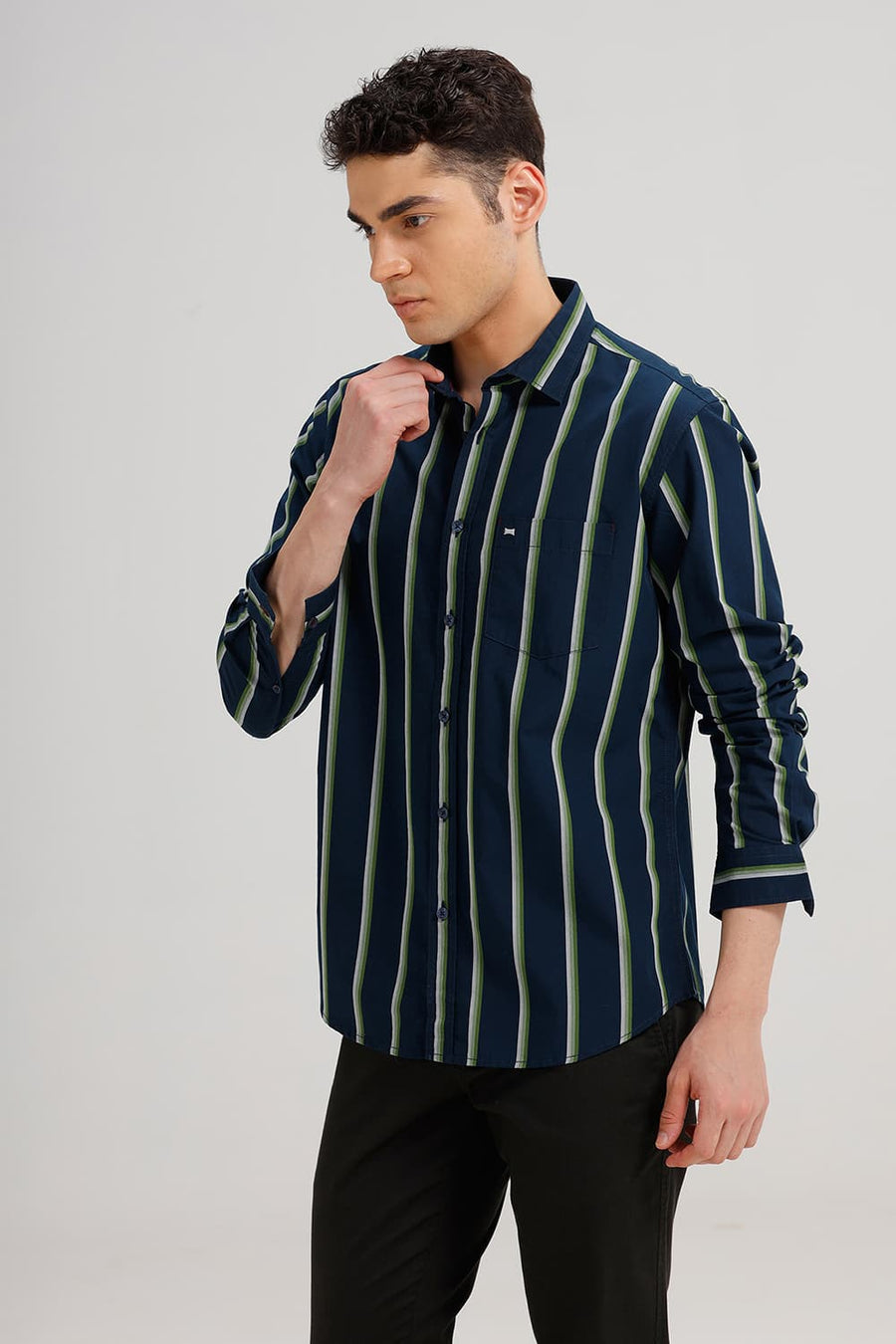 BASICS SLIM FIT MOONLIT NAVY COTTON STRIPE SHIRT